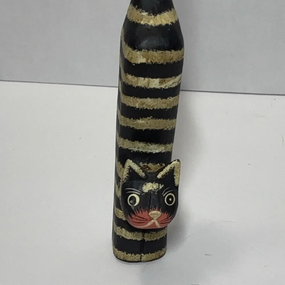 Carved Wooden Striped Cat Figurine Folk Art Hand-Painted Black Gold